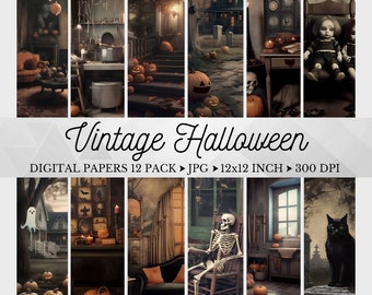 Papel digital vintage de Halloween, Imprimible de Halloween, Papel de álbum de recortes, Impresiones espeluznantes, Impresiones digitales efímeras de Halloween vintage espeluznantes