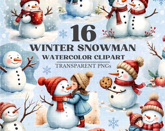 Watercolor Snowman Clipart, Set of 16, Cute Christmas Clipart, Transparent Png, Winter Holidays, Printable Instant Digital Download