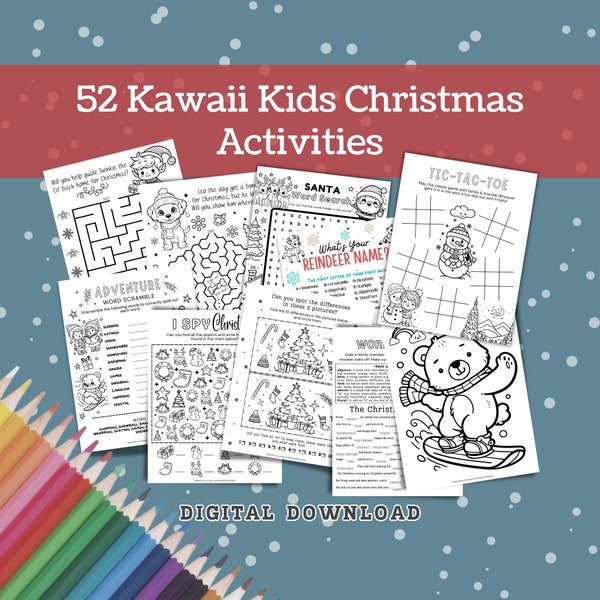 Activités de Noël à imprimer pour les enfants, Noël kawaii, pages à colorier kawaii mignonnes, lot d'activités de Noël, jeux de fête de Noël