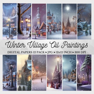 Papel digital vintage da vila de inverno, pinturas a óleo da vila de inverno, álbum de recortes para impressão de neve, pintura a óleo antiga, fundo de cena de inverno