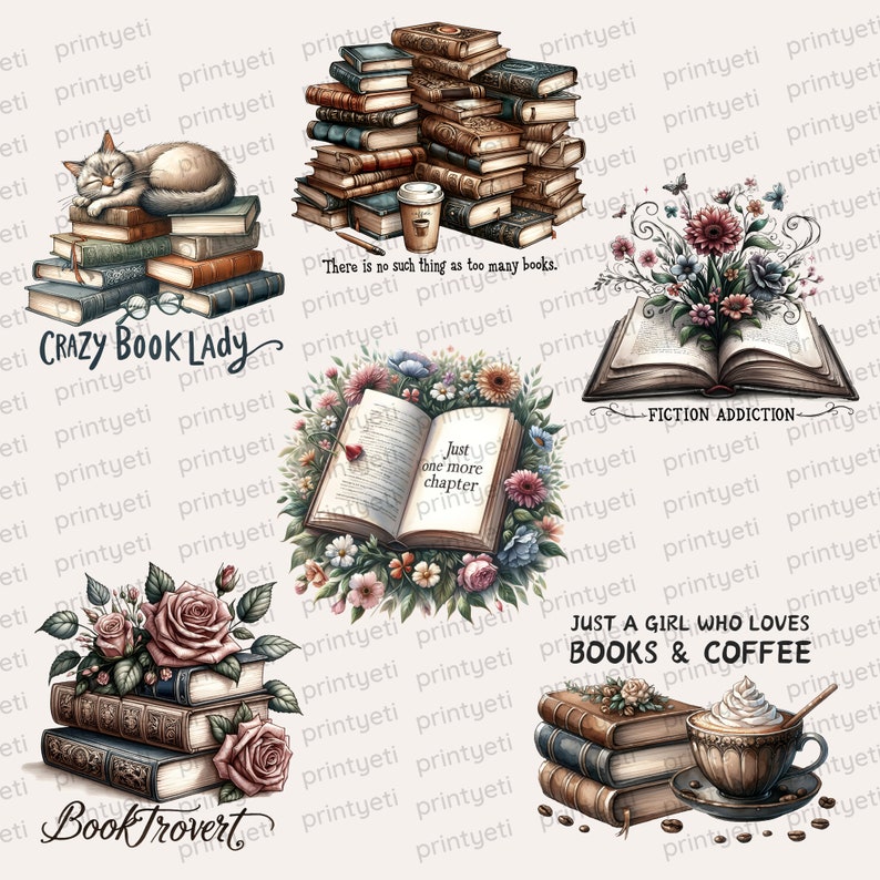 Op de afbeelding: Vijf digitale illustraties met boeken, koffie en bloemen. De illustraties zijn in vintage stijl met een speelse uitstraling. De tekst in de afbeeldingen is "Crazy Book Lady", "Just one more chapter", "Fiction Addiction", "Book Trovert" en "Just a girl who loves books & coffee".