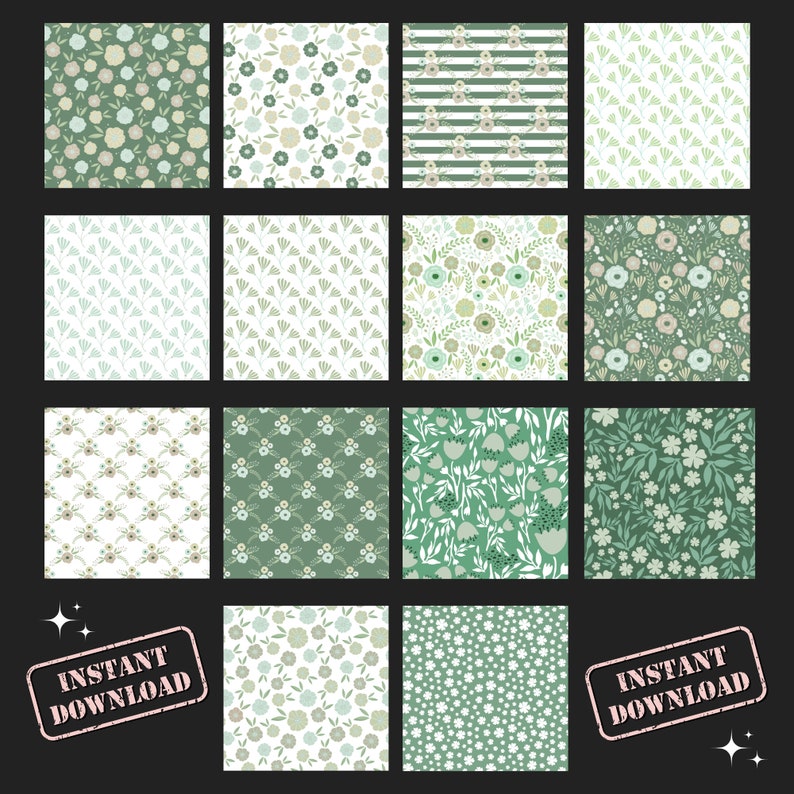 Sage Green Floral Digital Paper Pack, Seamless Patterns, Scrapbook ...