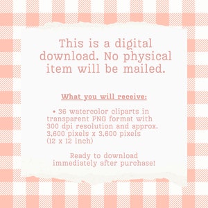 May include: A digital download of 36 watercolor clipart images in transparent PNG format. Each image is 3,600 pixels by 3,600 pixels (12 inches by 12 inches) and 300 dpi resolution. The text on the image reads: "This is a digital download. No physical item will be mailed. What you will receive: &bull; 36 watercolor cliparts in transparent PNG format with 300 dpi resolution and approx. 3,600 pixels x 3,600 pixels (12 x 12 inch) Ready to download immediately after purchase!"
