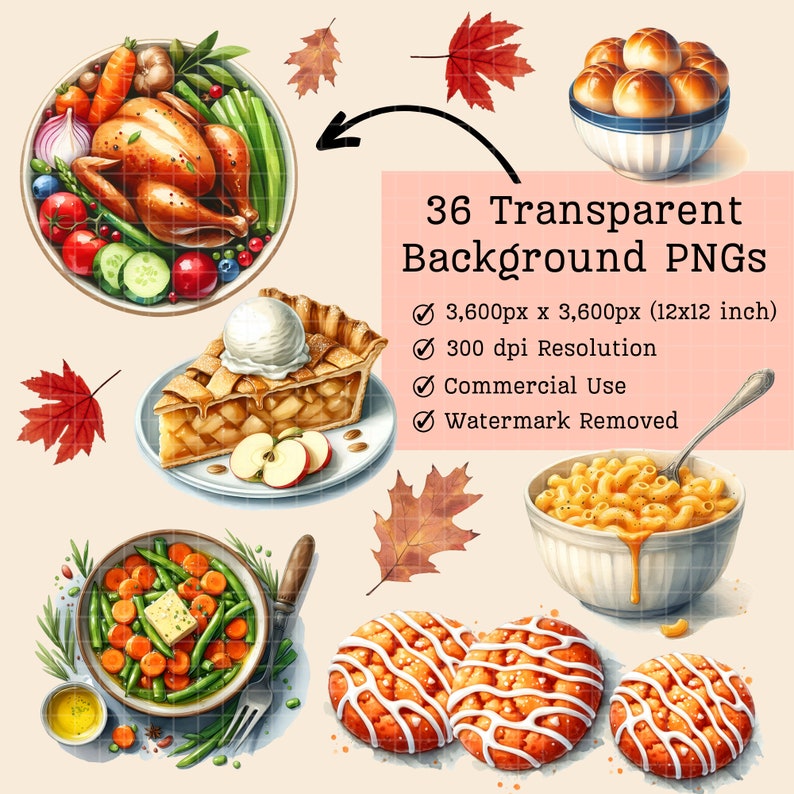 May include: 36 transparent background PNGs of Thanksgiving food illustrations. The images include a roasted turkey, apple pie, green bean casserole, macaroni and cheese, and rolls. The images are 3,600 pixels by 3,600 pixels (12x12 inches) and 300 dpi resolution.