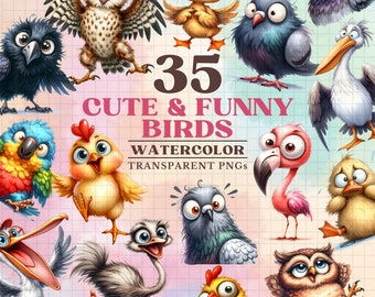 Cute Bird Clipart, Funny Birds, Watercolor Clipart Set of 35 Transparent Png, Scrapbooking, Junk Journal Digital Download, Commercial Use