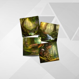 Puede incluir: Cuatro ilustraciones digitales de un bosque m&aacute;gico con vegetaci&oacute;n exuberante, cascadas, un puente y hongos. Las im&aacute;genes est&aacute;n dispuestas en un formato de collage.