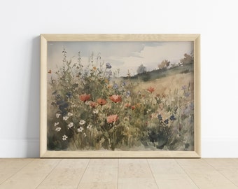 Wildflower Print, Vintage Landscape Painting, Watercolor Painting, Vintage Art Print, Wildflowers, Country Field Wall Art Digital Download