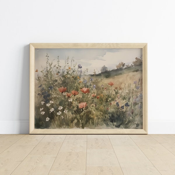 Wildflower Print, Vintage Landscape Painting, Watercolor Painting, Vintage Art Print, Wildflowers, Country Field Wall Art Digital Download