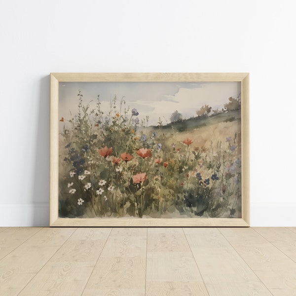 Impression de fleurs sauvages, peinture de paysage vintage, peinture à l'aquarelle, impression d'art vintage, fleurs sauvages, champ de pays Wall Art Digital Download