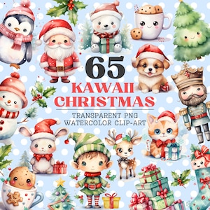 Schattig Kawaii kerst clipart set van 65, aquarel clipart bundel, transparante PNG, Santa rendieren sneeuwpop hete chocolademelk, digitale download