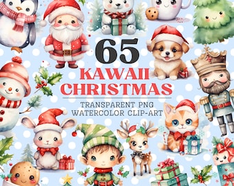 Schattig Kawaii kerst clipart set van 65, aquarel clipart bundel, transparante PNG, Santa rendieren sneeuwpop hete chocolademelk, digitale download