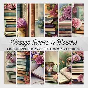 Papel digital de libros y flores, Papeles librescos, Papeles digitales para amantes de los libros, Papel artesanal para ratón de biblioteca, Papel Shabby Chic, Uso comercial