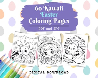 Kawaii Easter Coloring Pages, 60 Pages, Cute Coloring, Easter Activities, Cute Kawaii Easter Coloring Book, Kids Coloring Digital Download