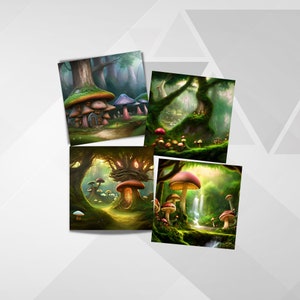 May include: Four digital illustrations of whimsical mushroom houses and forests. The first image shows a mushroom house with a door and windows, surrounded by trees and other mushrooms. The second image shows a forest with tall trees and a path leading through it. The third image shows a mushroom house with a door and windows, surrounded by trees and other mushrooms. The fourth image shows a forest with tall trees and a path leading through it.