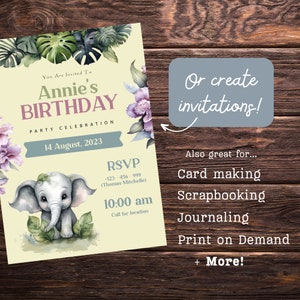May include: A light yellow invitation with a cute cartoon elephant and floral designs. The invitation is for Annie's birthday party on August 14th, 2023 at 10:00 am. The invitation includes an RSVP number and a note to call for the location.
