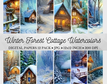 Winter Forest Digital Paper, Forest Watercolors, Snow Printable Scrapbook, Cottage Backgrounds, Wood Lodge, Christmas Cottage Junk Journal