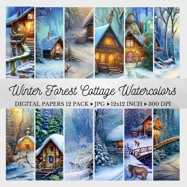 Winter Forest Digital Paper, Forest Watercolors, Snow Printable Scrapbook, Cottage Backgrounds, Wood Lodge, Christmas Cottage Junk Journal