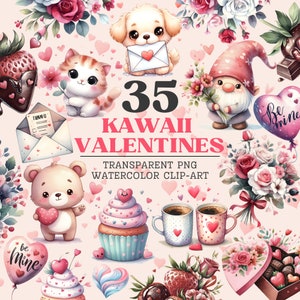 Cute Kawaii Valentine&#39;s Day Clipart Set of 35, Watercolor Clipart Bundle, Transparent Png, Valentine Gnome Cat Dog Heart, Digital Download