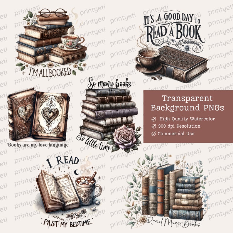 Op de afbeelding: Een set van tien digitale illustraties met stapels boeken, koffiekopjes en rozen. De illustraties zijn in aquarelstijl en hebben een vintage esthetiek. De tekst in de afbeeldingen omvat "Het is een goede dag om een boek te lezen", "Ik ben volgeboekt", "Zoveel boeken", "Zo weinig tijd", "Ik lees na mijn bedtijd", en "Lees meer boeken".