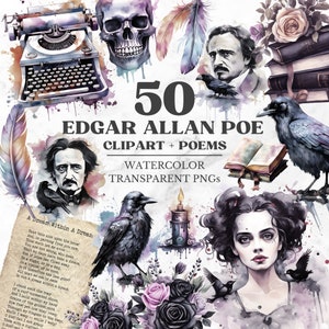 Edgar Allan Poe Aquarell Clipart Set, Nevermore, Vintage Halloween Junk Journal Kit, Gedichte, Der Rabe, dunkel romantische viktorianische gotische Kunst