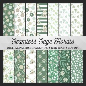 Paquet de papier numérique floral vert sauge, motifs sans couture, papiers de scrapbooking, mariage, papier peint sauge, usage commercial, téléchargement immédiat