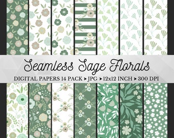 Sage Grün Floral Digital Paper Pack, nahtlose Muster, Scrapbook-Papiere, Hochzeit, Salbei Tapete, kommerzielle Nutzung, Instant Download