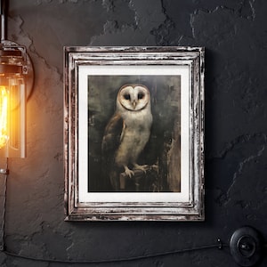 Dark Academia Antique Owl Painting Wall Art, Vintage Animal Moody Rustic Art Print, Printable Dark Art Gothic Home Decor Digital Download