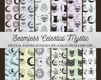 Celestial Mystic Digital Paper, Seamless Celestial Digital Paper, Celestial Backgrounds, Mystical Scrapbook Paper, Commercial Use