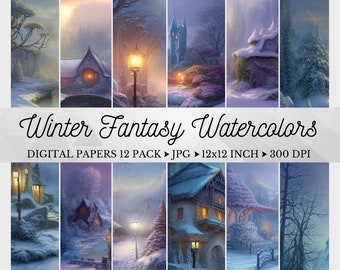 Winter Fantasy Digital Paper, Winter Watercolors, Winter Scenes, Snow Watercolors, Winter Backgrounds, Christmas Junk Journal, Winter Nights