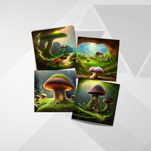 May include: Four digital illustrations of whimsical mushroom houses in a forest setting. The mushrooms are large and colorful with green tops and pink and white stems. The houses are small and have windows and doors. The forest is lush and green with trees and flowers.