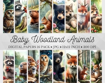 Woodland Watercolor Baby Animals Digital Paper Pack, Cute Animals Printable Paper, Nature Watercolor Forest Backgrounds Instant Download