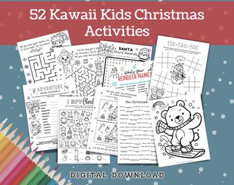 Printable Christmas Activities for Kids, Kawaii Christmas, Cute Kawaii Coloring Pages, Christmas Activity Bundle, Christmas Party Games
