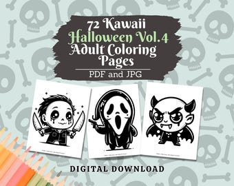 Kawaii Halloween Adult Coloring Pages Vol. 4, Cute Coloring, Creepy Kawaii, Adult Coloring, Halloween Coloring Book Instant Digital Download