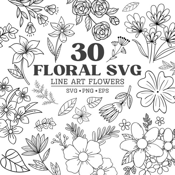 Floral Line Art, SVG Flowers for Cricut, Botanical Line Art SVG, Clipart Bundle, Plants and Flowers, Vector Files, Commercial Use