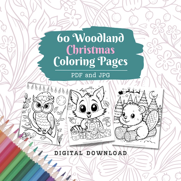 Woodland Christmas Baby Animals Coloring Pages, Cute Coloring, Cute Kawaii Woodland Animals, Forest Animals, Owl Deer Fox, Digital Download