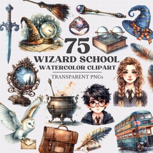 75 Imágenes prediseñadas de acuarela de la escuela de magos, imágenes prediseñadas de la escuela de magia, png de la escuela de magos, descarga instantánea de acuarela de Halloween, uso comercial