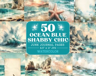 Ocean Blue Watercolor Junk Journal Papers, Shabby Chic Seaside Distressed Ephemera Digital Paper Backgrounds, Printable Beach Craft Paper
