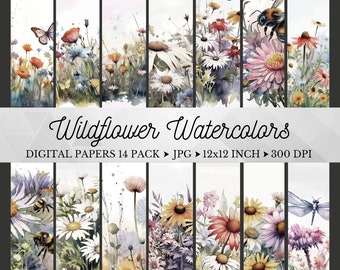 Aquarel Wildflowers Digital Paper Pack, Junk Journal Afdrukbare Lenteweide, Lentebloemen, Digitale Scrapbooking, Commercieel Gebruik