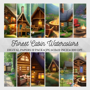 Cabin Life Digital Papers, Forest Cabins, Cabin in the Woods, Camping Out Papers, Cabin Watercolors, Cabin Scenes, Printable Paper, Digital