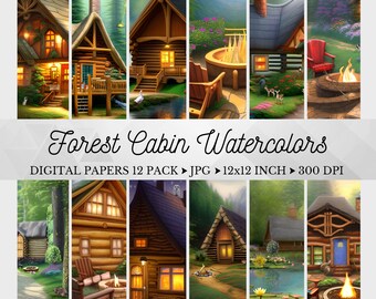 Cabin Life Digital Papers, Forest Cabins, Cabin in the Woods, Camping Out Papers, Cabin Watercolors, Cabin Scenes, Printable Paper, Digital