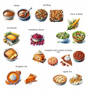 May include: A Thanksgiving dinner spread with a variety of dishes, including gravy, stuffing, cornbread, cranberry sauce, pumpkin pie, apple pie, pecan pie, pumpkin roll, corn salad, and a cookie.