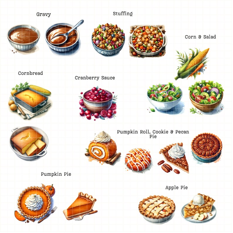 May include: A Thanksgiving dinner spread with a variety of dishes, including gravy, stuffing, cornbread, cranberry sauce, pumpkin pie, apple pie, pecan pie, pumpkin roll, corn salad, and a cookie.