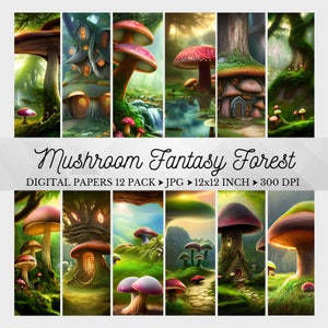 May include: A digital paper pack featuring 12 images of whimsical mushroom houses in a fantasy forest setting. The images are 12x12 inches and 300 DPI.