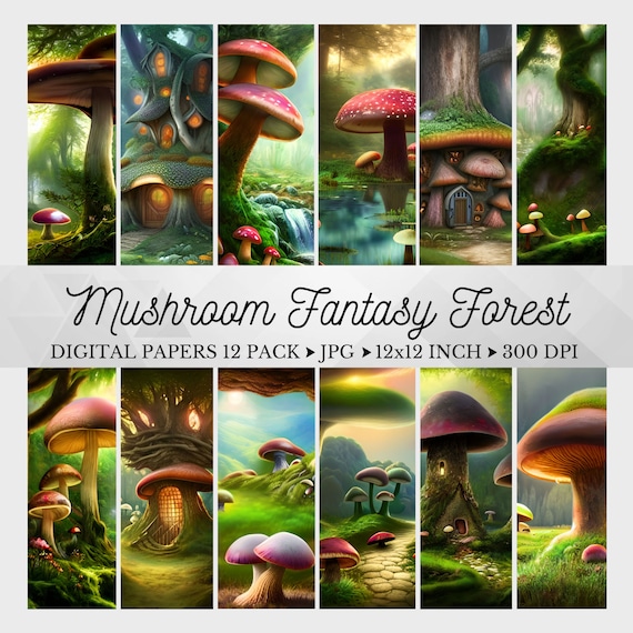 Mushroom Fantasy Forest Digital Papers, Enchanted Forest, Enchanted Mushrooms, Fairy Forest, Watercolor Cottagecore, Forest Backgrounds