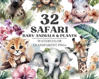 Safari Watercolor Clipart Bundle, Cute Baby Safari Watercolor Animals, Elephant, Giraffe, Baby Animals Png, Nursery Clipart, Commercial Use