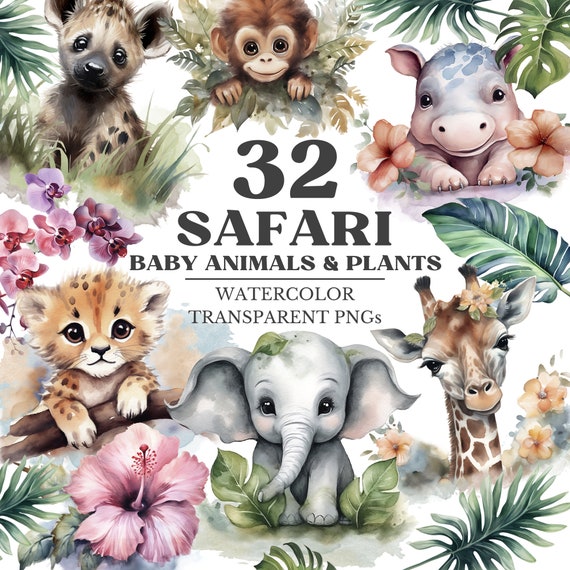 Safari Watercolor Clipart Bundle, Cute Baby Safari Watercolor Animals, Elephant, Giraffe, Baby Animals Png, Nursery Clipart, Commercial Use