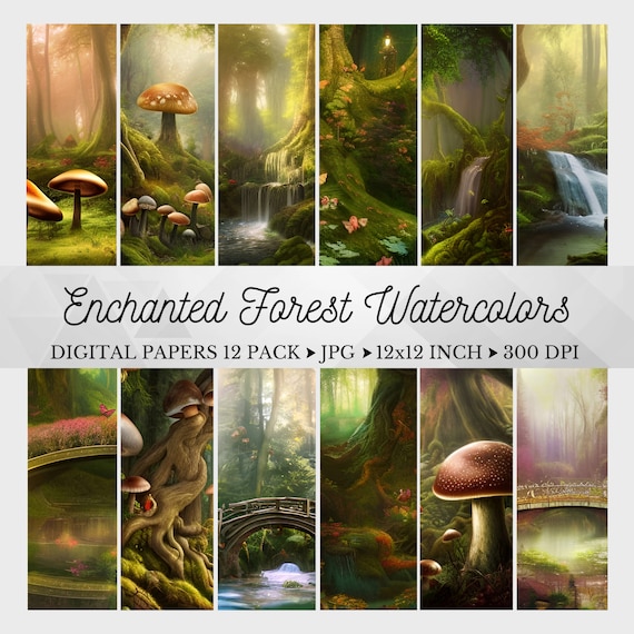 Enchanted Forest Digital Papers, Digital Paper Pack, Enchanted Mushrooms, Fairy Forest, Watercolor Cottagecore, Forest Backgrounds