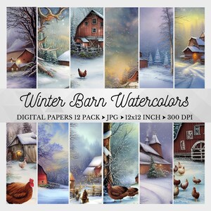 Granero de invierno con pollos papel digital, acuarelas de invierno, graneros de invierno, acuarelas de nieve, fondos de invierno, diario basura de granja