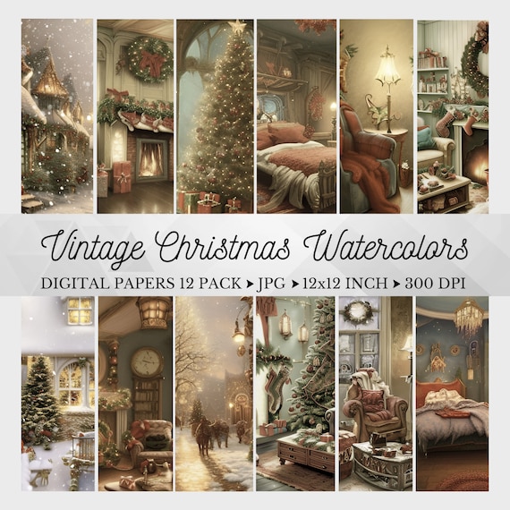 Vintage Christmas Digital Paper, Christmas Watercolors, Winter Printable Scrapbook, Vintage Backgrounds, Printable Christmas Collage Sheets