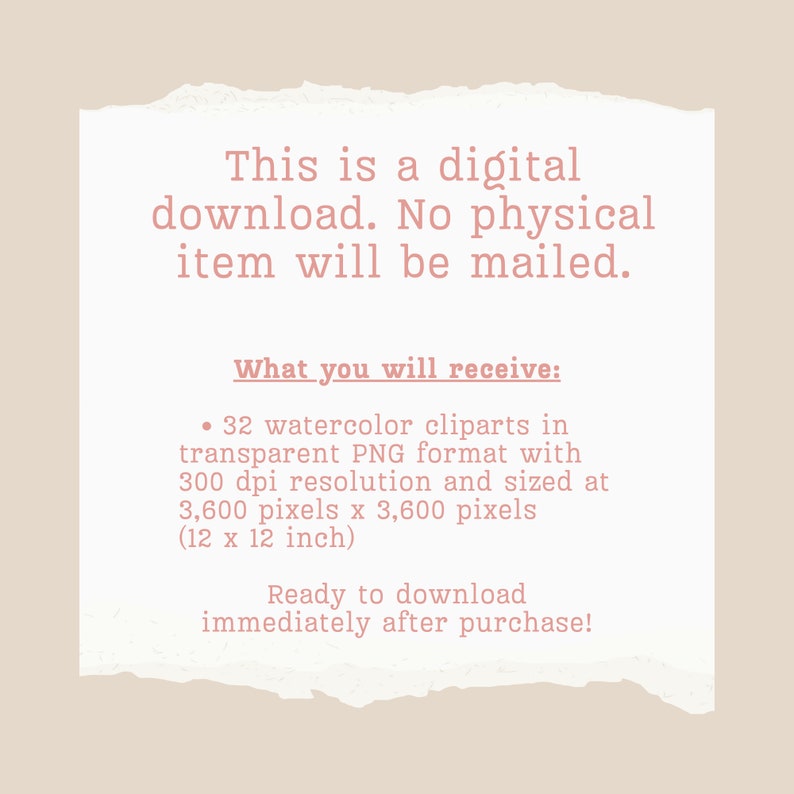 May include: A digital download of 32 watercolor clipart images in transparent PNG format. Each image is 3,600 pixels by 3,600 pixels (12 inches by 12 inches) and 300 dpi resolution. The text "This is a digital download. No physical item will be mailed. What you will receive: &bull; 32 watercolor cliparts in transparent PNG format with 300 dpi resolution and sized at 3,600 pixels x 3,600 pixels (12 x 12 inch) Ready to download immediately after purchase!" is displayed on a pink background.